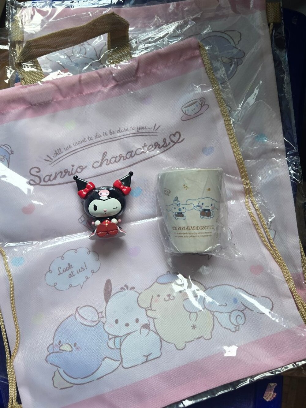 Sanrio Characters Bundle - Kuromi Figure, Cinnamoroll Cup, and Drawstring Bag